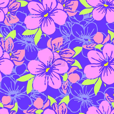Photo for Seamless pattern of pink silhouettes and blue contours of flowers on a blue background, texture, design - Royalty Free Image