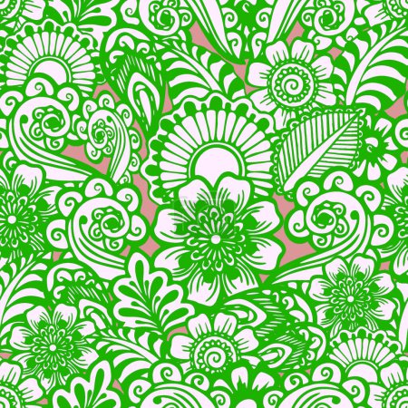 Photo for Seamless floral yellow-pink pattern of stylized elements with green outline, texture, design - Royalty Free Image