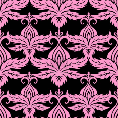 Photo for Seamless symmetrical pattern of abstract pink plant elements on a black background, texture, design - Royalty Free Image