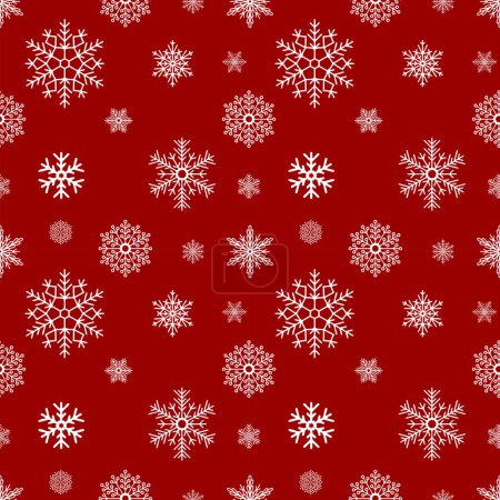 winter seamless pattern of snowflakes, white continuous pattern on red background