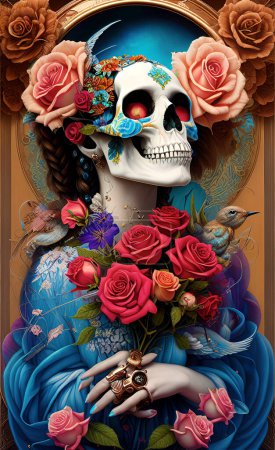 Photo for Bright graphic drawing skull and red roses, day of the dead, design, background - Royalty Free Image