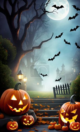 Photo for Halloween illustration, glowing pumpkins on the background of the old castle, design - Royalty Free Image