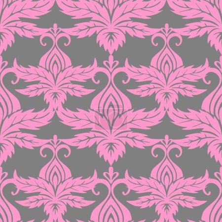 Photo for Seamless symmetrical pattern of abstract pink plant elements on a gray background, texture, design - Royalty Free Image