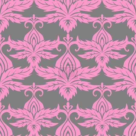 Photo for Seamless symmetrical pattern of abstract pink plant elements on a gray background, texture, design - Royalty Free Image