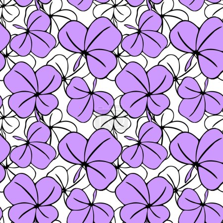 Photo for Seamless asymmetrical pattern of clover leaves in purple and white tones and black contouros, design, texture - Royalty Free Image