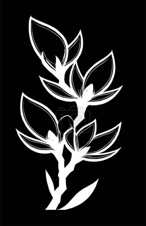 Prosty biały rysunek graficzny kwiatu magnoli na czarnym tle, logo