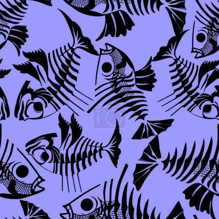 einfaches nahtloses Muster schwarzer grafischer Fischskelette auf blauem Hintergrund, Textur, Design