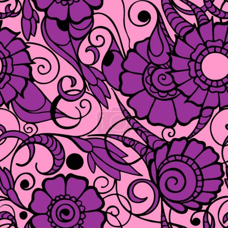 Photo for Seamless pattern of large magenta flowers with a black outline on a pink background, texture, design - Royalty Free Image