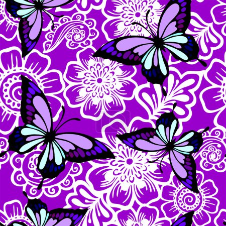 Illustration for Seamless purple and white floral graphic pattern with purple butterflies, texture, design - Royalty Free Image