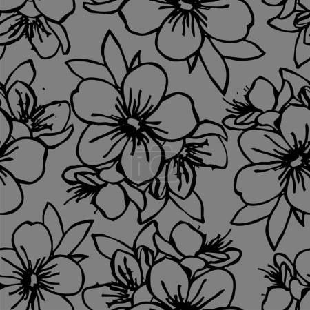 Photo for Seamless pattern of black contours of flowers on a gray background, texture, design - Royalty Free Image