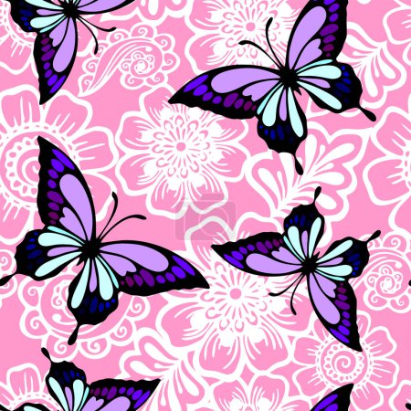Illustration for Seamless pink and white floral graphic pattern with purple butterflies, texture, design - Royalty Free Image