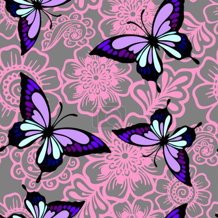 Illustration for Seamless pink gray floral graphic pattern with purple butterflies, texture, design - Royalty Free Image