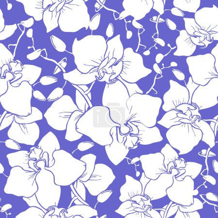 Photo for Seamless pattern of large white silhouettes of orchids on a blue background, texture, design - Royalty Free Image