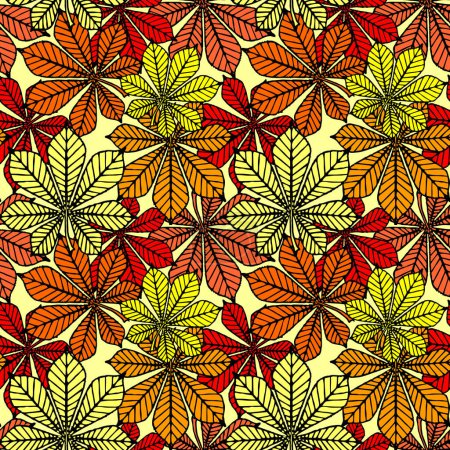 Photo for Bright autumn seamless pattern of chestnut yellow and red leaves on a yellow background, texture, design - Royalty Free Image