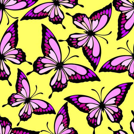 Photo for Seamless pattern of bright colored butterflies on a yellow background, texture, design - Royalty Free Image