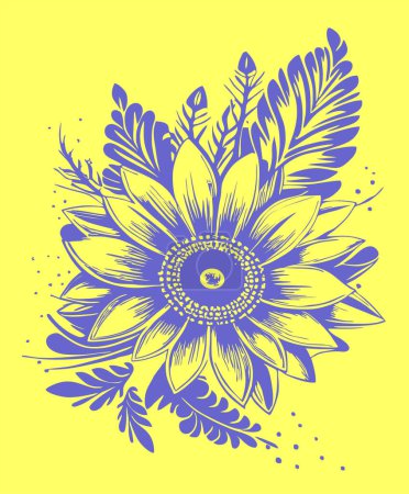 Photo for Blue graphic drawing of a bouquet of flowers on a yellow background, Ukrainian theme, graphics - Royalty Free Image
