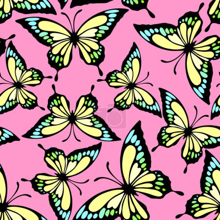 Photo for Seamless pattern of bright colored butterflies on a pink background, texture, design - Royalty Free Image