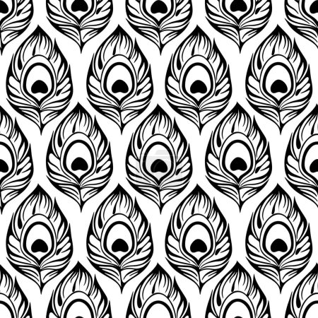 Ilustración de Patrón de contorno sin costuras de plumas de pavo real negro sobre un fondo blanco, textura, diseño - Imagen libre de derechos