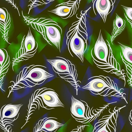 Photo for Seamless pattern of white peacock feathers on a green background, texture, design - Royalty Free Image