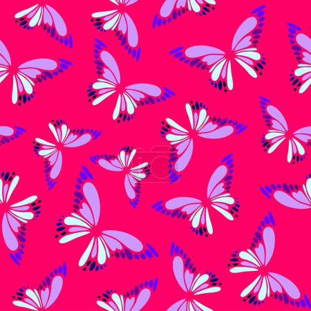 Photo for Seamless pattern of blue-violet decorative butterflies on a pink background, texture, design - Royalty Free Image
