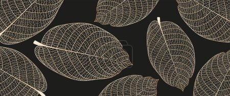 Illustration for Botanical wallpaper with gold skeleton leaves. Modern creative design for home decor, banners, and prints. Vector illustration. - Royalty Free Image