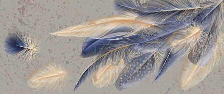 Illustration for Art wallpaper with golden and blue feathers. Modern creative design watercolor texture for home decor, banners, and prints. Vector illustration. - Royalty Free Image
