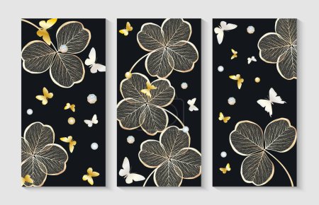 Set of modern creative golden clover leaves and butterflies. Illustrations for home decor, banners, and prints. Vector illustration.