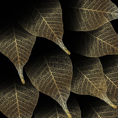 Illustration for Botanical wallpaper with golden skeleton leaves. Modern creative design for home decor, banners, and prints. Vector illustration. - Royalty Free Image