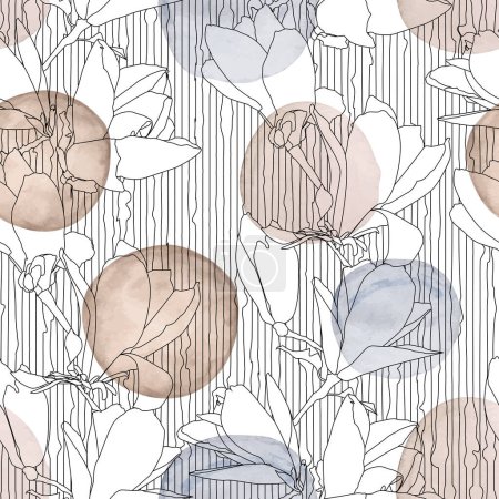 Ilustración de Patrón sin costuras con flores de magnolia y textura de acuarela. Ilustración vectorial. - Imagen libre de derechos