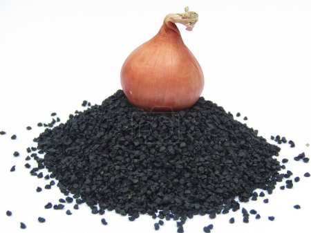Onion seeds with onion on white background 