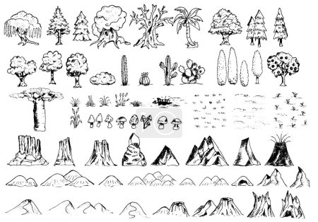 Illustration for Fantasy map elements hand drawn nature symbols for maps - vector map icons - Royalty Free Image