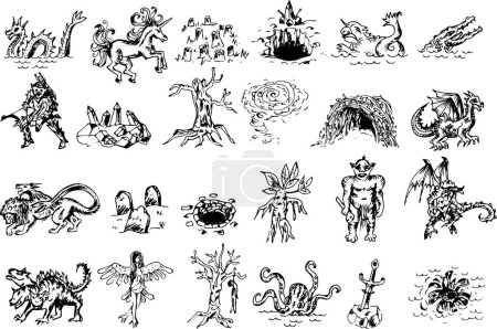 Illustration for Fantasy map elements - monsters of myth and scary places, line drawing - Fantasy map symbols, illustration, drawing, engraving, ink, line art, vector - Royalty Free Image