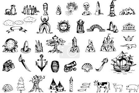 Illustration for Fantasy map elements for cartography, line drawings, vector - Royalty Free Image