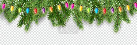 Foto de Feliz Navidad y feliz año nuevo borde de ramas de árboles y cuentas de guirnalda - Imagen libre de derechos