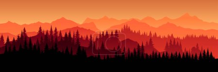 Illustration for Twilight landscape with fog. Forest Christmas tree, spruce, spruce and evening sun. Illustration of panoramic silhouette, fog and mountains silhouette - Royalty Free Image