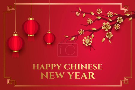 Foto de Fondo de Año Nuevo Chino en colores rojo y dorado decorado con linternas y árboles de flores Vector Illustration - Imagen libre de derechos