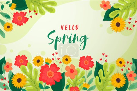 Hola primavera vector saludos diseño. Texto de primavera con coloridos elementos florales como camelia, narcisos, azafrán y hojas verdes en el fondo para la temporada de primavera. Ilustración vectorial