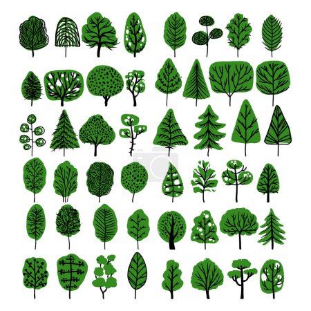 Collection d'arbres naturels. Illustration vectorielle dessinée manuellement