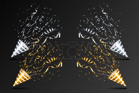 Ilustración de Explosión fiesta popper con confeti de oro y plata sobre un fondo negro - Imagen libre de derechos