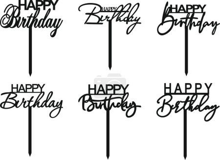 Illustration for 'Happy birthday' cake topper for laser or milling cut. - Royalty Free Image