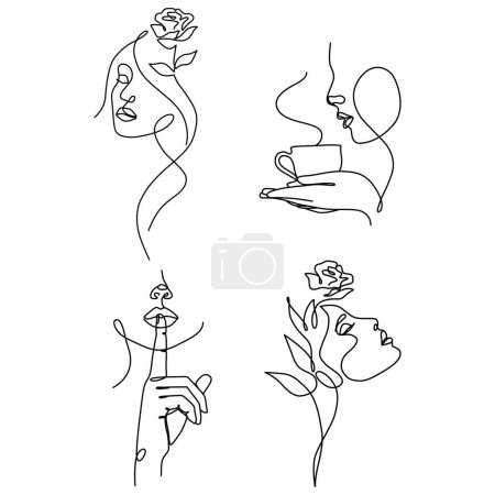 Illustration for Woman face with flowers Line art. Elegant Feminine Beauty Logo. Abstract face with plants by one line drawing. Portrait minimalistic style. Botanical print. Suitable for laser cutting. - Royalty Free Image