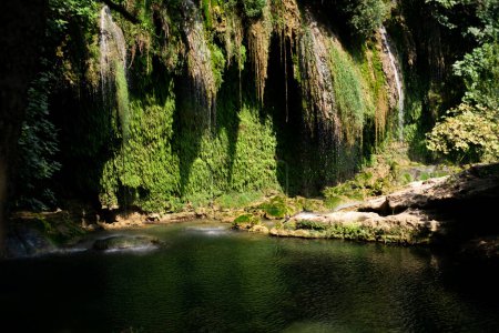 Discover nature's wonders: a waterfall in lush green park. Ideal for eco-tourism, hiking excursions, and exploring natural reserves and landmarks.