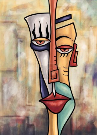 A harmonious abstract face of contrasting colors and shapes shows complex self.