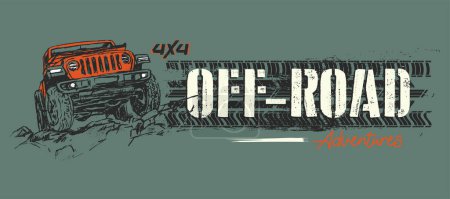 Ilustración de Banner grunge todoterreno con impresión de neumáticos y vehículo utilitario deportivo 4x4 - Imagen libre de derechos
