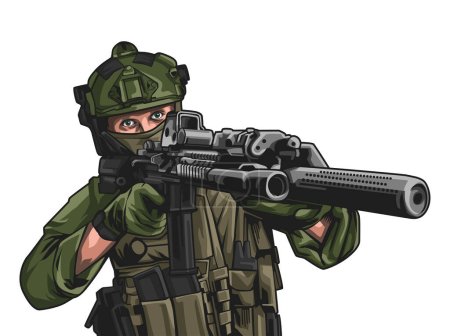 Ilustración de Un soldado está apuntando su arma hacia adelante. Ilustración vector patriotismo - Imagen libre de derechos