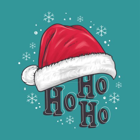 Ho Ho Ho text with Santa hat. Christmas greeting card, invitation. With falling snow. Vector illustration