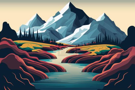 Téléchargez les illustrations : Mountain landscape with river and tree's, beautiful mountain minimalist vector art - en licence libre de droit