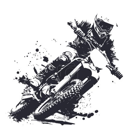 Motocross rider vector line art illustration with grunge brush background