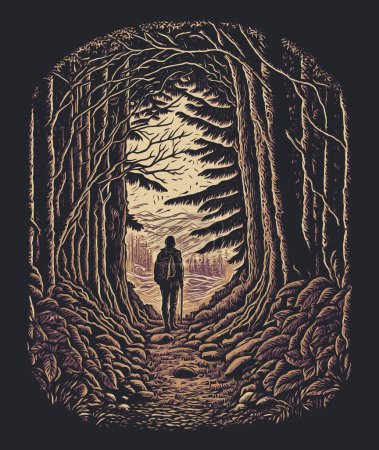 Illustration for The Forest Path. Vector illustration of a person walking through a dark and twisted forest discovering mystery and adventure - Royalty Free Image