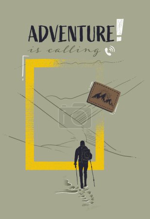 Ilustración de Cartel aventura senderismo. Ilustración vectorial de excursionista con mochila y bastones de trekking. - Imagen libre de derechos